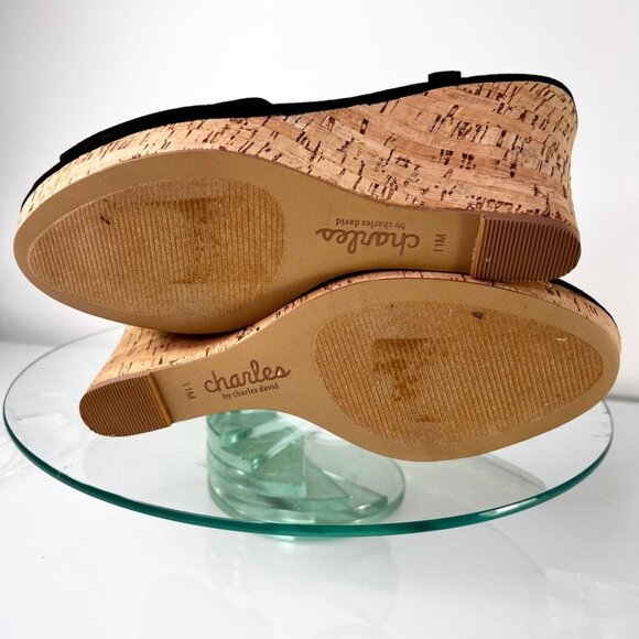 Charles by Charles David Lambert Wedge Black Sandals Cork Ankle Strap - Picture 7 of 8